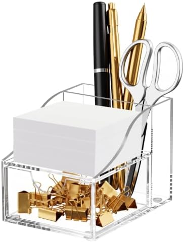 HBlife Acrylic Pen Holder for Desk, 3-Compartment Small Desk Organizer with Drawer, Clear Office Supplies Desk Accessories with Sticky Notes Holder Stores Post It Notes 3X3 for Office, Home and School