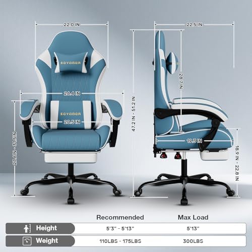 Breathable Fabric Gaming Chair with Footrest, Ergonomic High Back Computer Chair with Gold Diamond Stitching, Height Adjustable Swivel Office Chair with Lumbar Support for Adults,Bluewhite