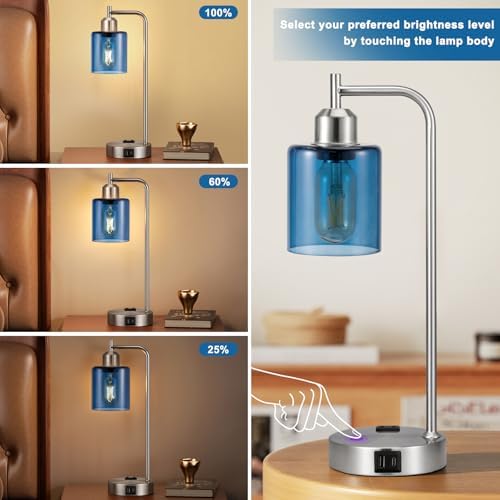 Innqoo Industrial Blue Table Lamps for Bedrooms Set of 2-3-Way Dimmable Desk Lamp with USB C+A Ports and Outlet, Nickel Lamps with Green Glass Shade for Living Room