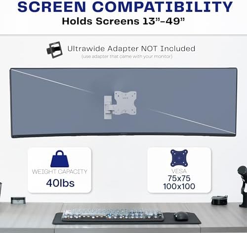VIVO Full Motion Ultrawide Monitor Wall Mount, Fits Ultra-Wide Screens up to 49 inches and 44 lbs, Tilt and Swivel Arm, White, MOUNT-VW01MW