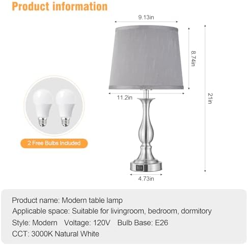 Bedside Table Lamp Touch Control Bedroom Lamps with USB A + C Charging Port 3 Way Dimmable Touch Lamps for Nightstand Living Room Bedroom Dorm Home Office Reading, Set of 2 (Grey Shade & Nickel Base)