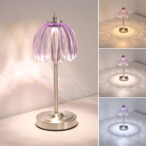Shenmoyl Tulip Table Lamp with 5200mAh Battery & Touch Control, Cordless Small Table Lamp with 3 Colors, Dimmable Rechargeable Table Lamps for Living Room, Bedroom, Desk, Bedside (Clear Purple Tulip)