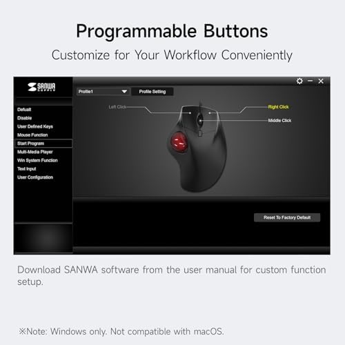 SANWA Wired Ergonomic Trackball Mouse, Optical Rollerball Mice, Programmable Silent Buttons, 40mm Trackball, 600/800/1200/1600 Adjustable DPI, Compatible with MacBook, Laptop, Windows, macOS