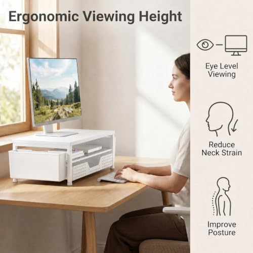 ECOLOVI Desk Organizer and Accessories, 2-Tier Computer Monitor Stand Rise with Storage Drawer & 2 Pen Holders, Laptop & Printer Stand for Desktop, Workspace Organizers for Office Supplies (White)