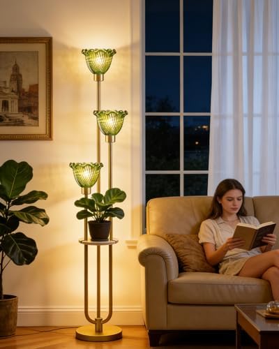 Lightdot Green Flower Glass Floor Lamp with Table Gold Floor Lamp 3-Light