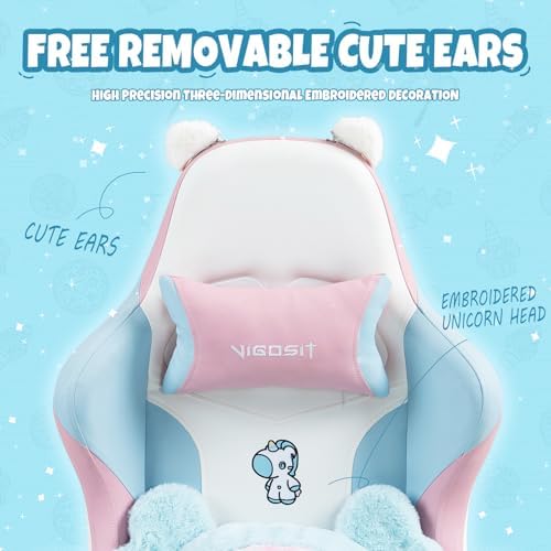 Gaming Chair, Cute Cat Gaming Chairs with Paw Lumbar Cushion for Girls, Video Gamer Chair with Footrest for Girl Teen Woman (BluePink-A)