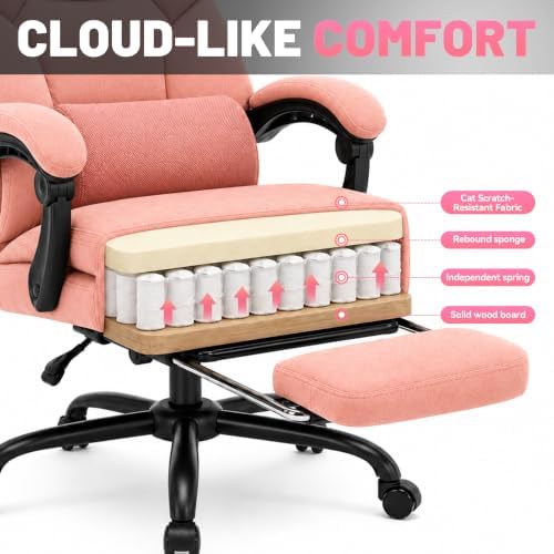 600LBS Executive Office Chair with FootRest for Heavy People High Back Ergonomic Gaming Chair with Lumbar Support Reclining Home Office Desk Chair with Pocket Spring Cushion Fabric (Pink)