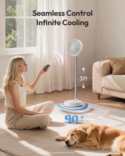 Gaiatop Portable Pedestal Fan 16000mAh Battery [Max 74h Runtime], Foldable Oscillating Standing Fan, Collapsible Desk Fans, LED Light, Case & Remote Control 4 Speeds for Outdoor Travel Camping (White)