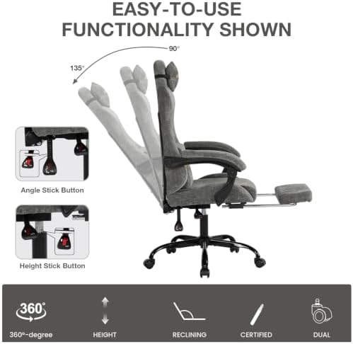 Gaming Chair Fabric with Footrest for Office and Home 300 LBS Grey