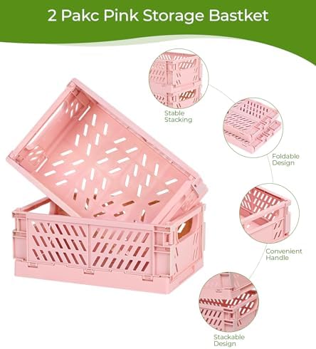 HUUSMOT 2-Pack Collapsible Plastic Storage Baskets, Pink, 9.8"x6.5"x3.8"