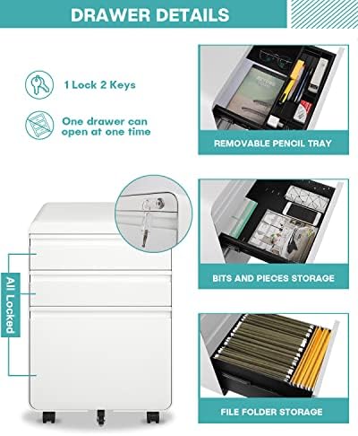 Dripex 3 Drawer Metal Rolling File Cabinet Under Desk Filing Cabinet White