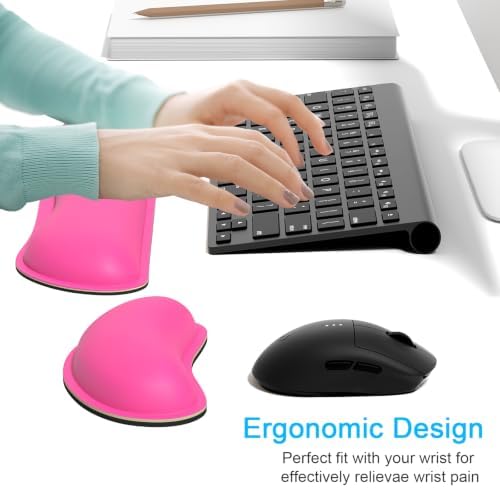 Dapesuom Keyboard Wrist Rest Set, Cute PU Leather Wrist Cushion for Computer Keyboard and Mousepad, Memory Foam Mouse Pad Rests Support with Non-Slip Base for Typing Pain Relief, Laptop, Hot Pink