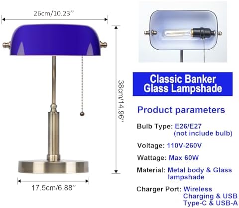 FIRVRE Bankers Lamp with2 USB and Wireless Charging Port，Pull Chain Switch Blue Glass Desk Lamp， E26 Base,Traditional Library Desk Lamps for Home Office,Bedroom,Piano