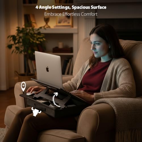 Vigo Wood Laptop Stand with Cushion and Adjustable Incline, Work Desk with Storage and Mousepad Drawer (Cambridge-Black)