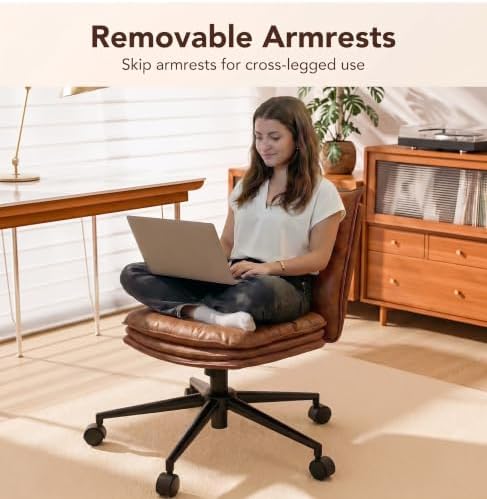 Brown Leather Office Chair with Triple-Layer Seat, Home Desk Chair