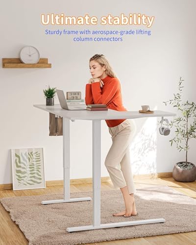 YIHAYO Reversiable L-Shaped Electric Standing Desk, 59 Inches Stand Up Corner Desk, Sit and Stand Up for Work Office Home, Ergonomic Rising Computer Table with Splice Board, White