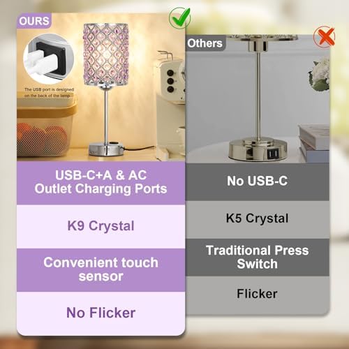 Hong-in Crystal Lamps for Night Stands, Purple Table Lamp for Bedroom
