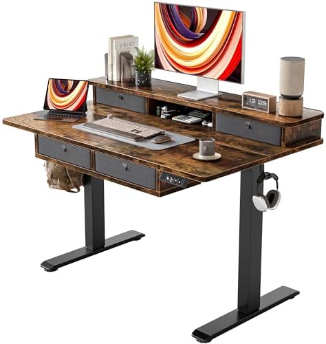 TIQLAB 48 * 28 Inch Standing Desk with Four Drawers, Electric Sit Stand Table, Stand Up Desk Adjustable Height with Storage Shelf, Splice Board, Deep Vintage