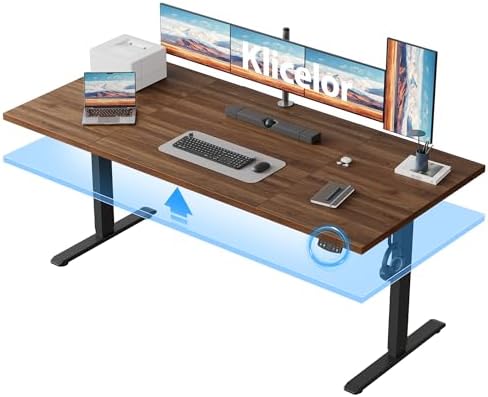 Klicelor 71 Inch Large Electric Standing Desk, Height Adjustable Office Desk, Sit Stand Up Computer Gaming Desk with Memory Preset, Three-Piece Desktop, Dark Walnut