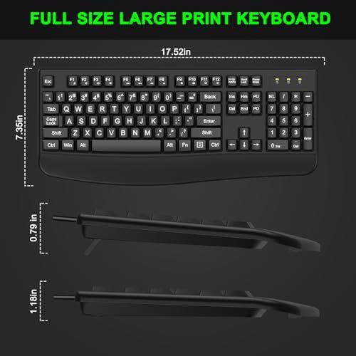 QUASIO Large Print Keyboard, 2.4G Full-Sized Ergonomic WiredComputer Keyboard with Wrist Rest for Windows, Mac OS Laptop/PC/Desktop/Notebook(Large Print Black)