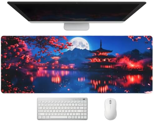 Extended Japanese Nightscape Desk Mat, XL Large Gaming Mouse Pad, Sakura Pagoda Moon Stitched Edges Waterproof with Non-Slip Rubber Base for Computer Keyboard Laptop Work Home Office 31.5"x11.8"