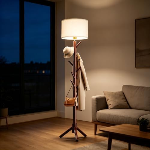 Floor Lamp with Coat Rack, 3 Color Dimmable Wood Standing Lamp with 8 Hooks, Modern Country Vintage Tall Lamp for Living Room Bedroom Entryway Apartments