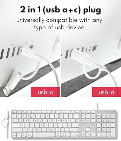 Macally Wired Keyboard for Mac with USB Hub (2X USB-A / 1x USB-C) - Compatible Backlit Apple Keyboard with Dual Interface - Auto OS Detection for Mac, MacBook, iMac, PC, Android, iPad, iOS - Silver