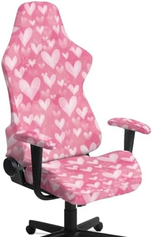 Heart Print Gaming Chair Cover with Armrest Covers Stretchable Anti Scratch Furniture Protector Anti Slip Washable Office Chair Slipcover for Valentine's Day