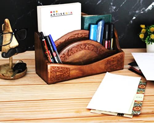 Handmade Wooden Mail Organizer Letter Rack Wood Magazine Holder Wooden Desk Organizer 3 Self Brass Inlay 12 Inch Remote Letter Holder