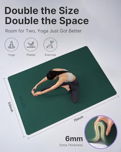 YOTTOY Large Yoga Mat (75 * 52 * 1/2inch),Extra Wide TPE Exercise Mat,Non-Slip Workout Mat for Pilates, Fitness, Barefoot, Home Gym Studio with Strap and Towel