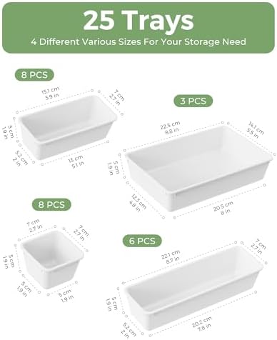 BiuLeon 25 PCS Plastic Drawer Organizers Set, 4-Sizes Vanity and Makeup Organizer, Desk and bathroom Drawer Organizer Trays, Organizers and Storage for Makeup, Jewelry, Gadgets, Utensils (White)