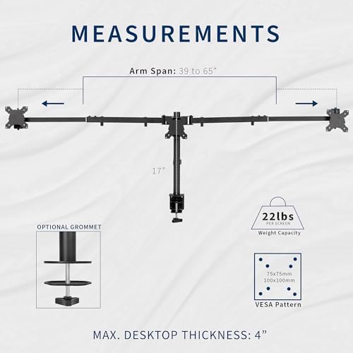 VIVO Premium Triple Monitor Desk Mount for 3 Screens up to 22 lbs, Fits up to 38 inch Ultrawides on Center Bracket, Adjustable Telescoping Arms, Flush Wall Setup, Black, STAND-TS03C