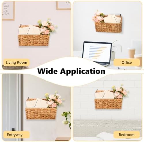 2 Pcs Woven Mail Holder Wall Mount Basket 9.25x1.57 Inch Rattan Wall Letter Holder Wicker Wall Basket Storage Water Hyacinth Hanging Storage Basket with Hooks for Mail Envelope Office