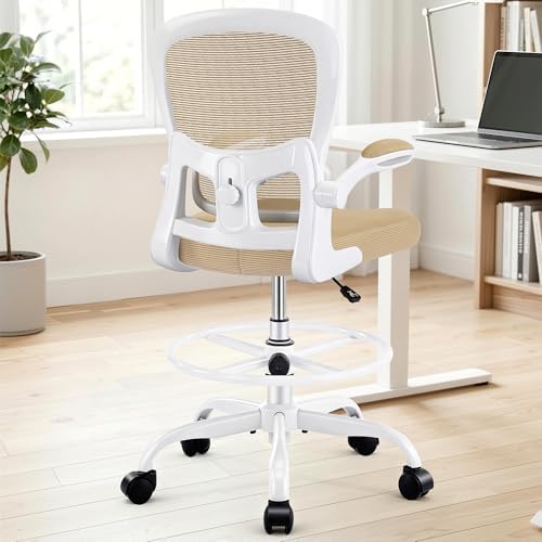 AreShark Drafting Chair - Ergonomic Tall Office Chair with Lumbar Support and Flip-up Armrests - High Standing Desk Chair Breathable Mesh with Adjustable Footrest Ring and Height for Home Office