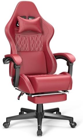 Ferghana Vintage PU Leather Gaming Chair, High Back Gamer Chair with Massage, Ergonomic Computer Office Chair with Footrest for Adults, Racing Style Reclining Video Game Chair Bright Red