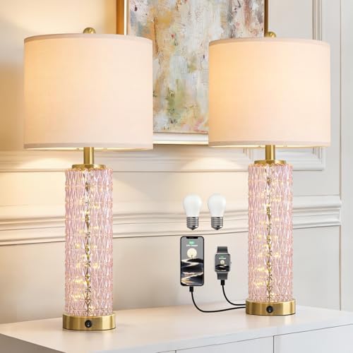 Oneach 27.75" Pink Table Lamps Set of 2 with Glass Nightlight for Bedside
