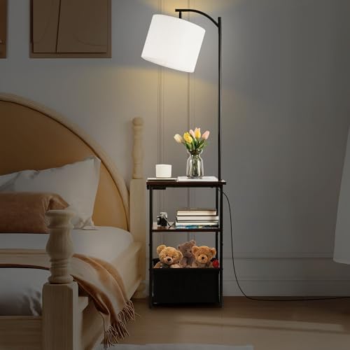 Qupui Floor Lamp with Table, USB Charging, Fabric Basket, Brown