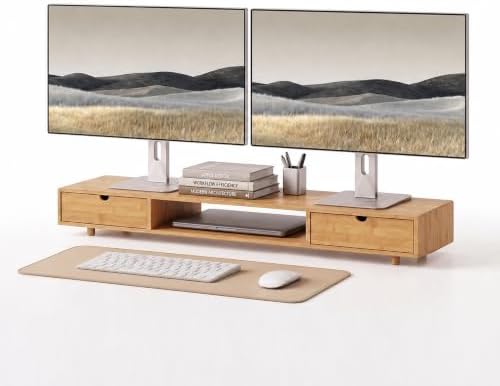 Bamboo Dual Monitor Stand, Natural Desk Shelf with 2 Drawers