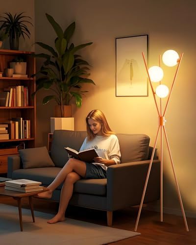 3 Globe Dimmable Tripod Floor Lamp, Mid Century Standing Lamps with 3Pcs 3000K Bulbs Included, Modern Tall Lamp for Living Room Bedroom Home Office Sofa Beside Corner Decor-Orange