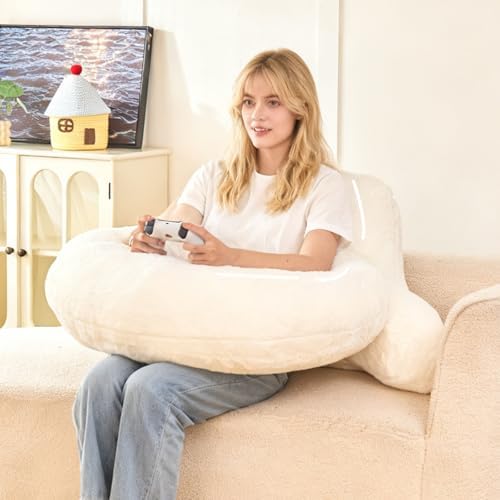 19" Reading Pillow for Bed,U Shaped Arm & Elbow Support,White Faux Fur