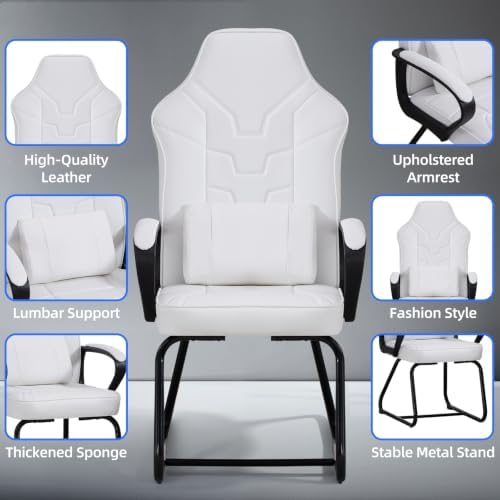 Leather Office Guest Chair No Wheels High Back Computer Reception Chairs with Padded Arms Waist Pillow for Gaming Meeting Conference Waiting Room, White