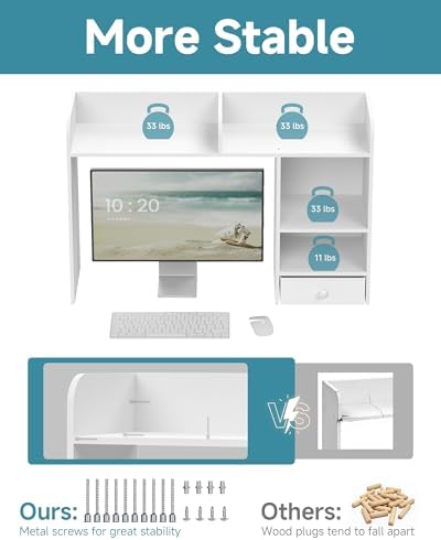 LAND·VOI Desktop Bookshelf with Drawer, Desk Hutch with 4 Storage Shelves for Computer Desk, Desk Shelf for Home Office Dorm, Dressing Tabletop, Bar Countertop, White