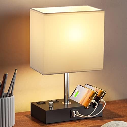 White Table Lamp for Bedroom - Stepless Dimmable, USB C+A, 2 AC Outlets