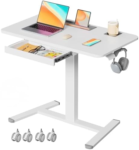 Mobile Standing Desk with Drawer, 35"×20" Small Desk, White