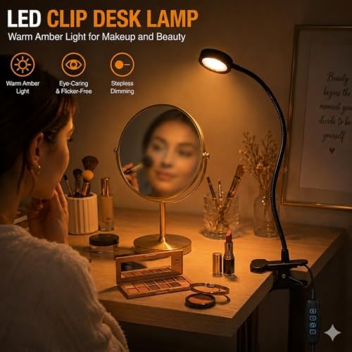USB Clip-On Lamp Eye Caring Dimmable Reading Light (Amber+Cool White, 8W)