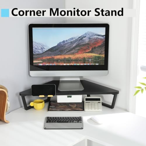 TEAMIX Corner Monitor Stand with Drawer and Phone Holder, 26x12.6x5.3in
