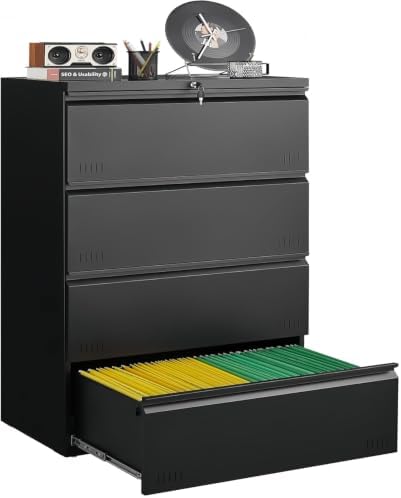 Guizeeopo Metal File Cabinet with Lock, 4 Drawer Lateral File Cabinets for Home Office, Heavy Duty Office Storage Cabinet for A4/Letter/Legal Size, Assembly Required(Black)