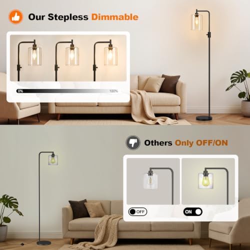 【Upgraded】 Dimmable Floor Lamp for Living Room with Seeded Glass Lampshade, Black Modern Glass Floor Lamp with 900LM LED Bulb Included, Arc Standing Tall Lamp for Bedroom, Office, Reading Room, Corner