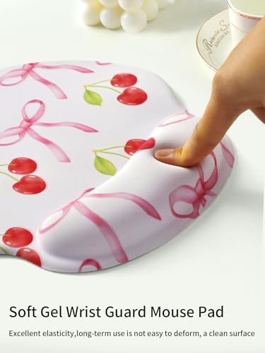 Seorsok Ribbon Bow Cherry Mouse Pad with Gel Wrist Support Mouse Pad,Ergonomic Aesthetic,Comfort Mousepad for Office Work Computer,Pain Relief Mousepad with Non-Slip Silicone Base,Bow&Red Cherry