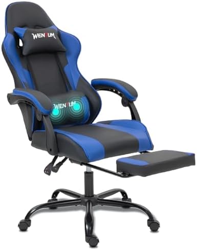 Gaming Chair, Video Game Chair with Footrest and Massage Lumbar Support, Height Adjustable Ergonomic Computer Chair with Swivel Seat and Headrest for Home Office Gaming, Blue